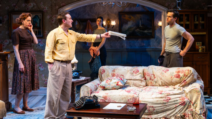 Tenessee Williams (Robin Lord Taylor) hands a script yo Marlon Brando (Brandon Flynn) as Margo (Alison Cimmet_ and Jo Photo by Russ Rowland